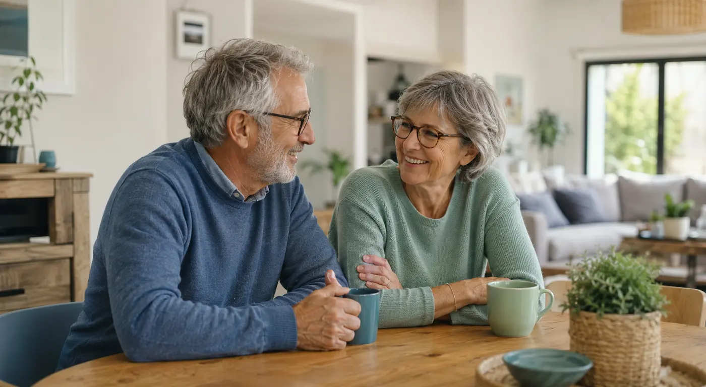 Un couple de seniors échange sereinement à la maison